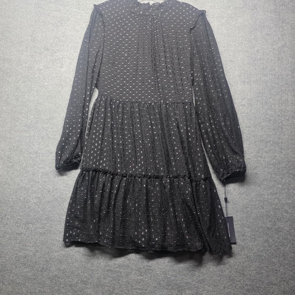 Tommy Hilfiger Women's Dress Size 12 Black Polka Dot Tiered Ruffle Long Sleeve